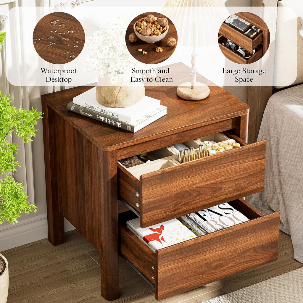 Mid Century Walnut Nightstand with 2 Drawers, Modern Wooden Bedside Table with Hidden Handles and Solid Wood Legs