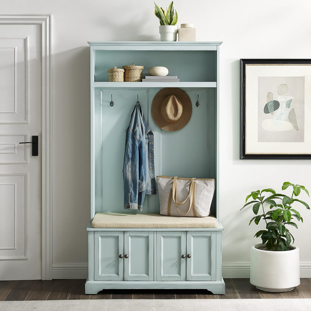 Holbrook Hall Tree with Shoe Rack Bench and Coat Hooks for Hanging Storage, Distressed Seafoam Blue