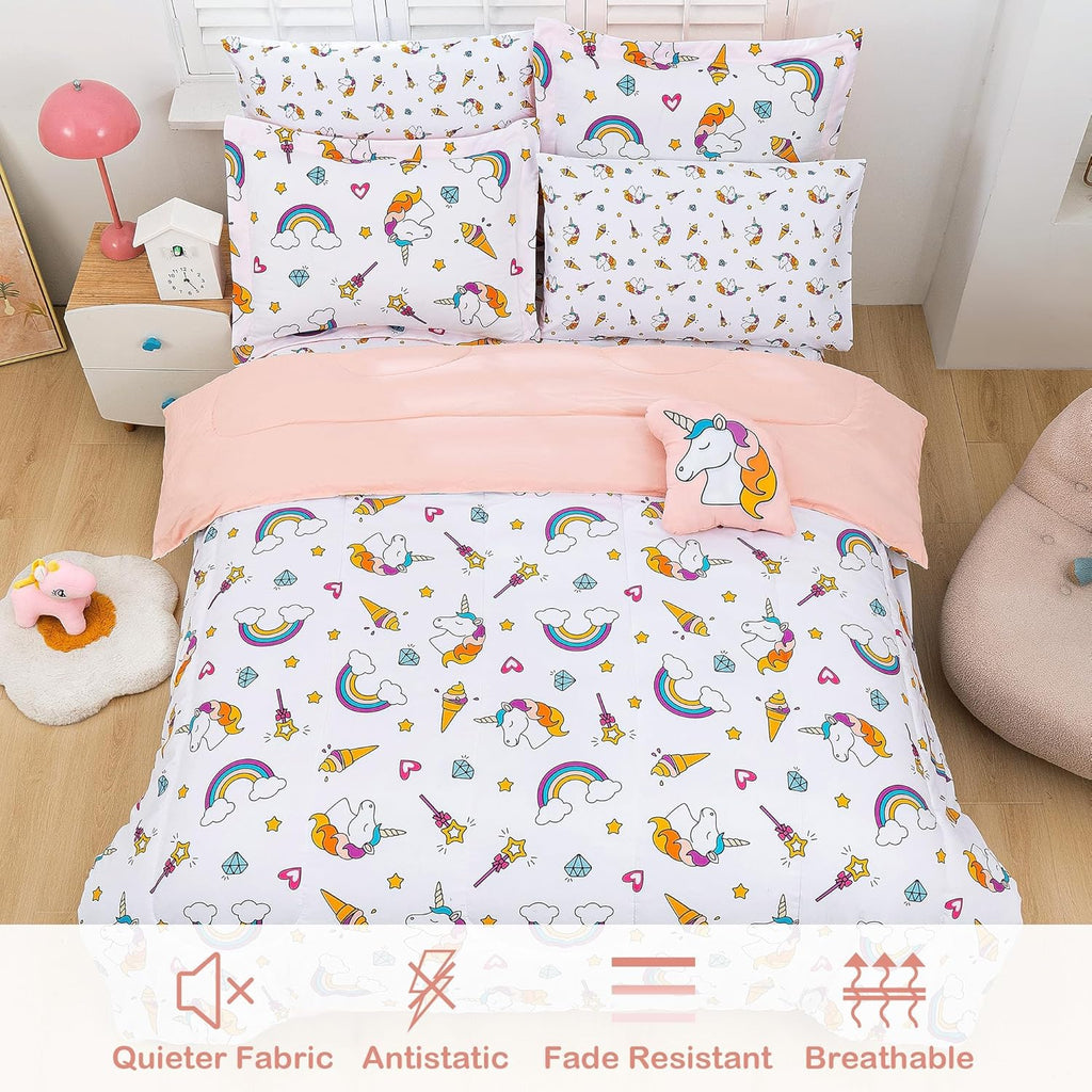 Bed in a Bag for Kids Girls Teens, 8 Pieces Comforter Bed Set with Shams, Sheet Set and Decorative Toy Pillow