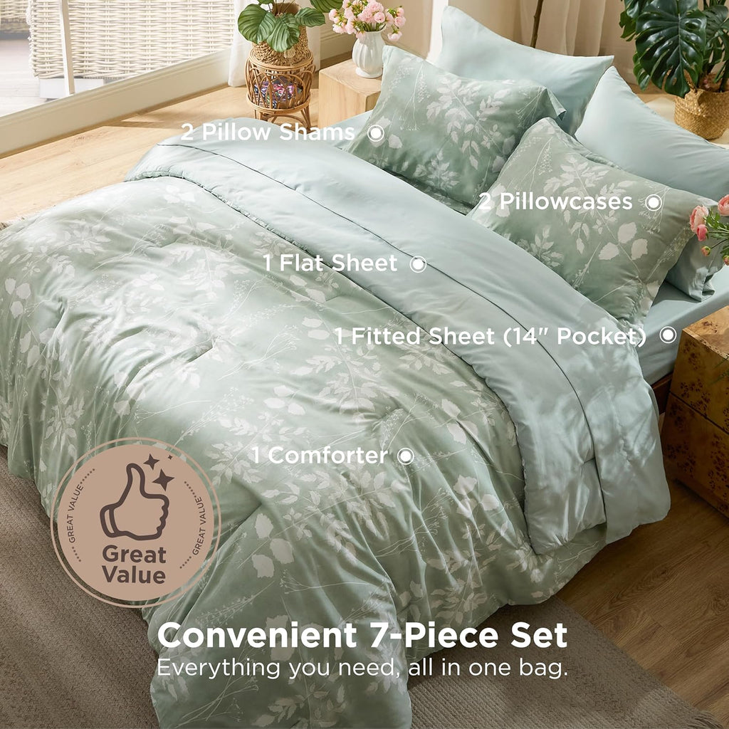 Comforter Set - 7 Pieces Floral Sage Green GentleSoft Bedding Sets