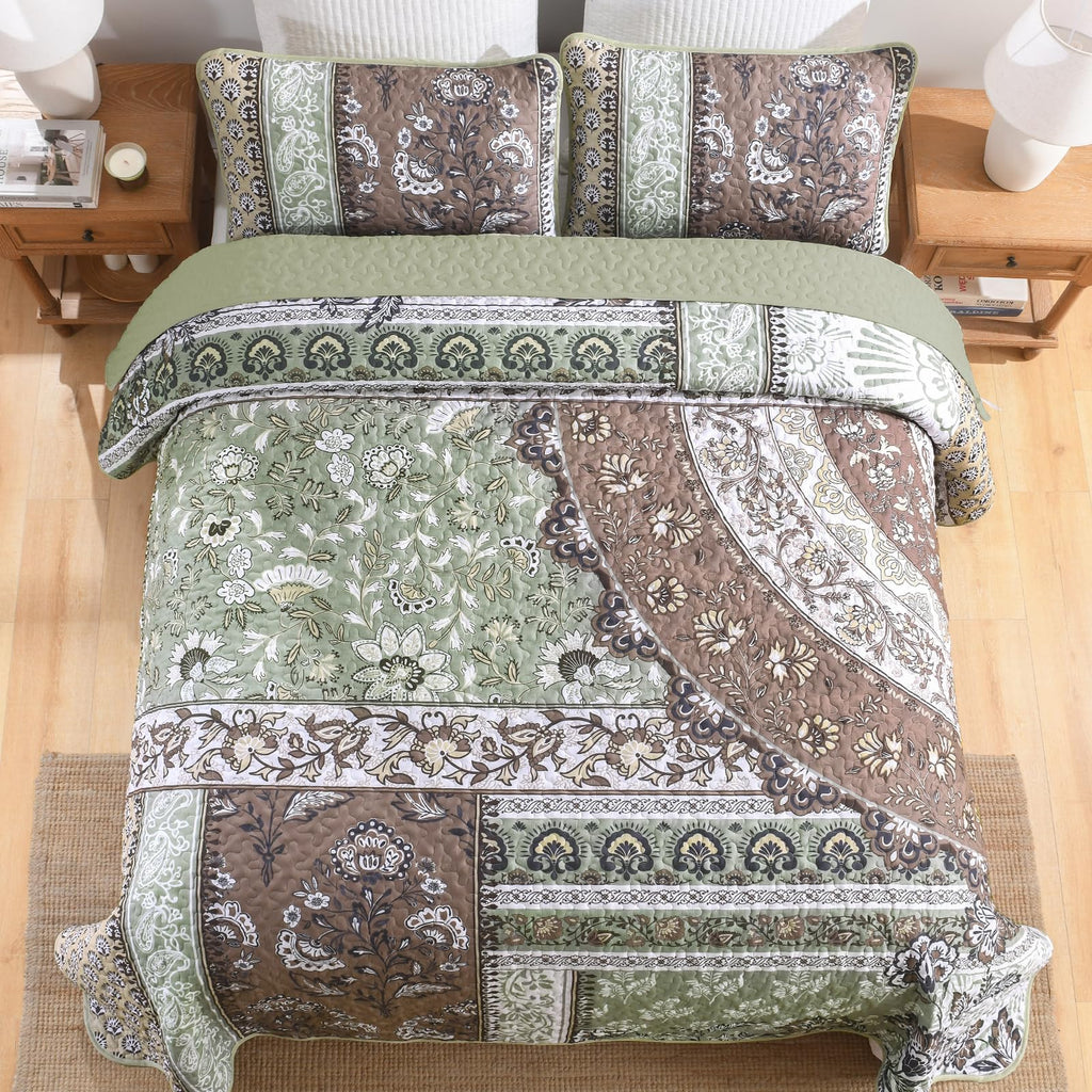 Patchwork Quilt Bedding Set, Boho Bedspread, Brown Green