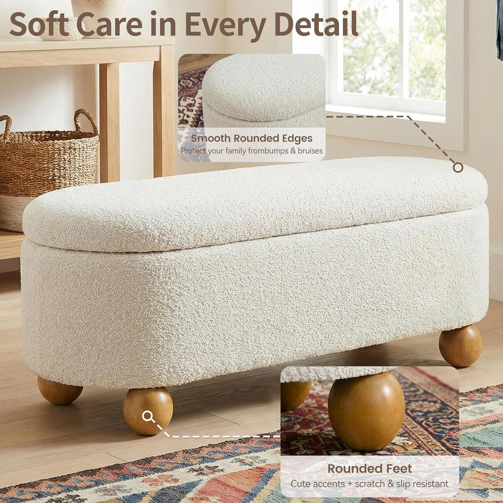 44.8" Storage Ottoman Bench End of Bed Bench with Hinge, Beige | Cute Spherical Solid Wood Stool Legs, Comfortable