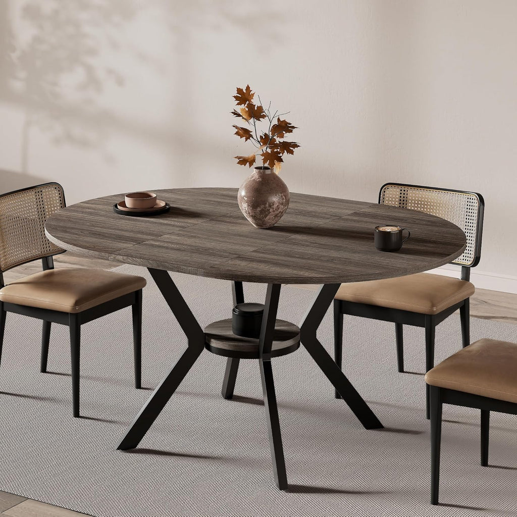 42"-58" Extendable Round Dining Table for 4-6, Kitchen Oval Table with Hidden Leaves & Storage Shelf, Space Saving
