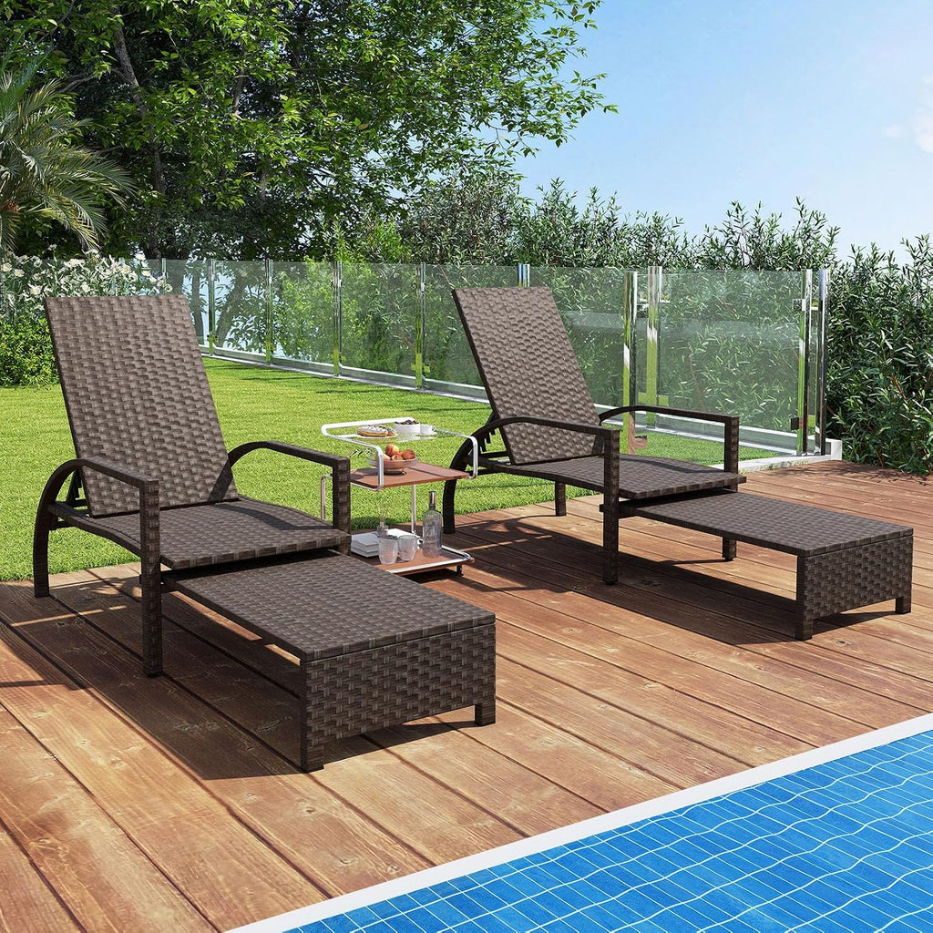 Outdoor Rattan Wicker Chaise Lounge Chair with 6-Position Backrest, Retractable Ottoman, Armrests, Patio Reclining