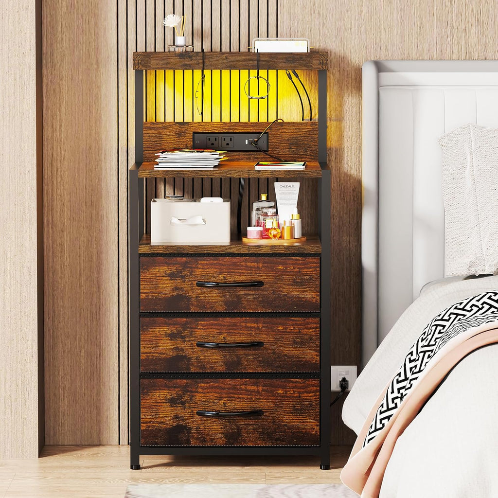 Nightstands Set of 2 with Outlet and USB C Port, Bedroom Night Stand with Led Lights and 3 Fabric Drawers, Matching