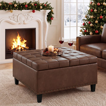 31.5 Inch Large Square Ottoman with Storage, Faux Leather