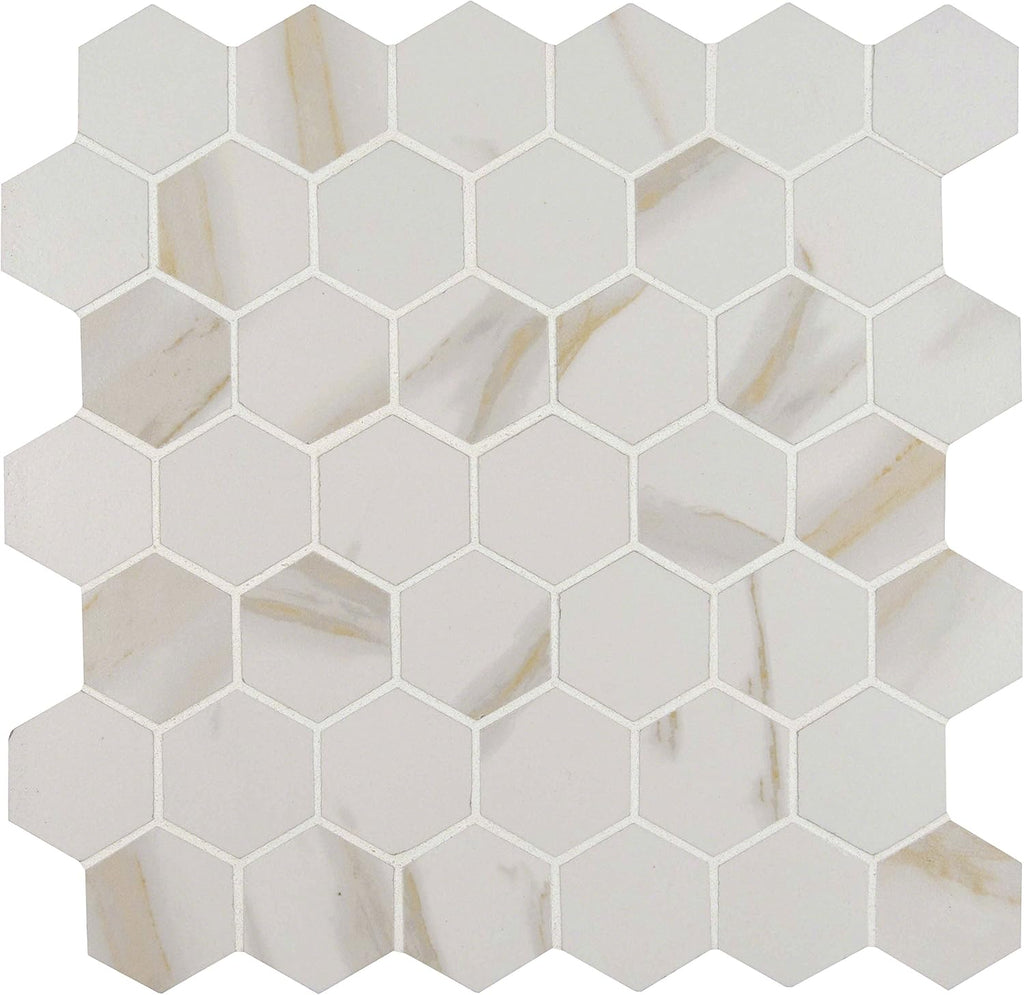 Calacatta White Hexagon Porcelain Mesh Mounted Mosaic Tile Flooring