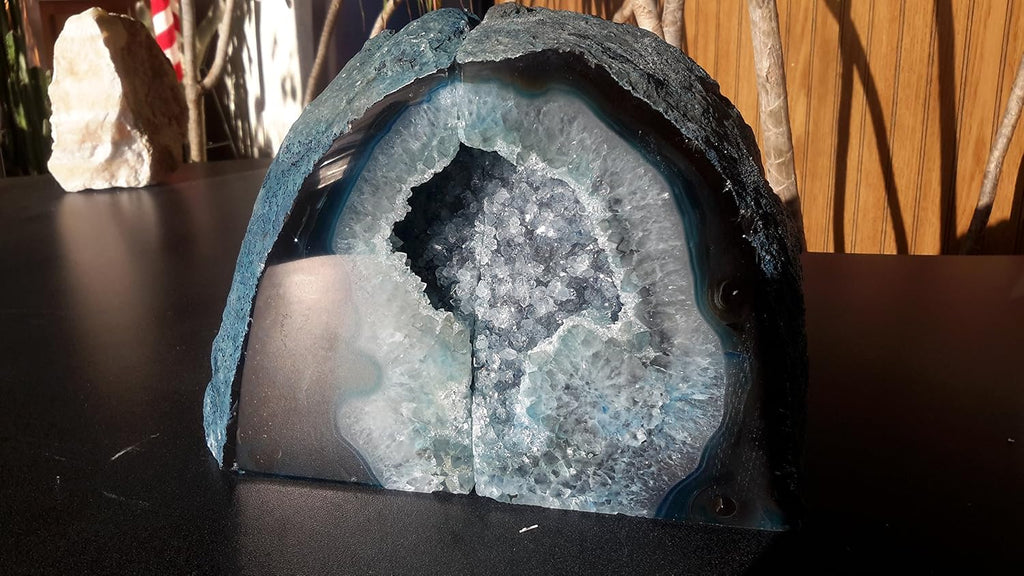 Blue Agate Quartz Geode Book Ends - Made from the Finest Grade Brazilian Agate