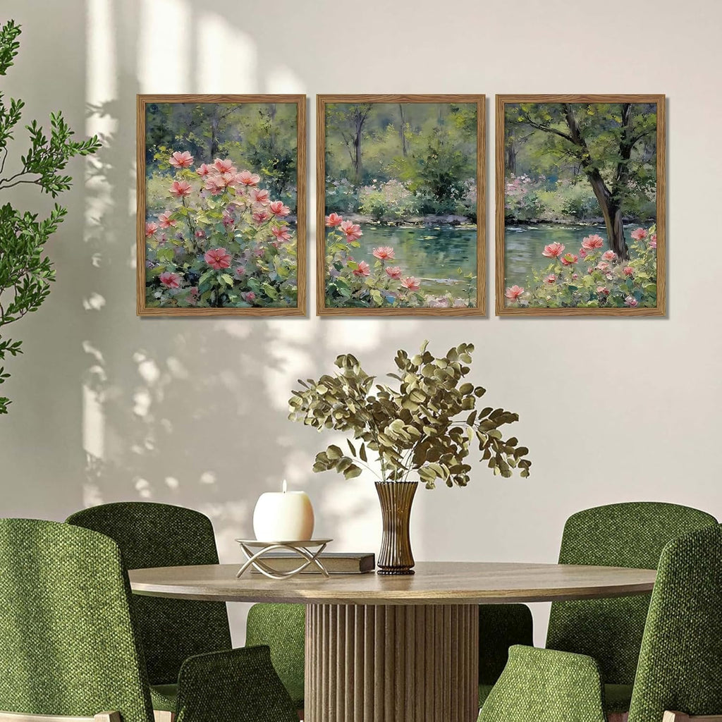 Framed Monet Wall Art Set of 3, Impressionist Botanical Floral Canvas Wall Decor, Vintage Cottagecore Artwork
