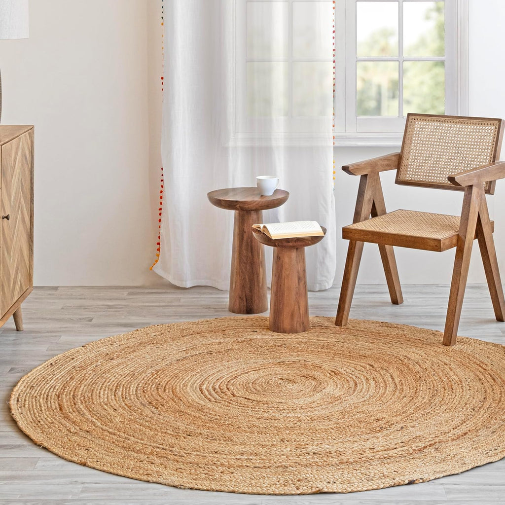8ft Round Natural Jute Rug - Handwoven Braided Reversible Vintage Area Rug Farmhouse Rustic and Bohe