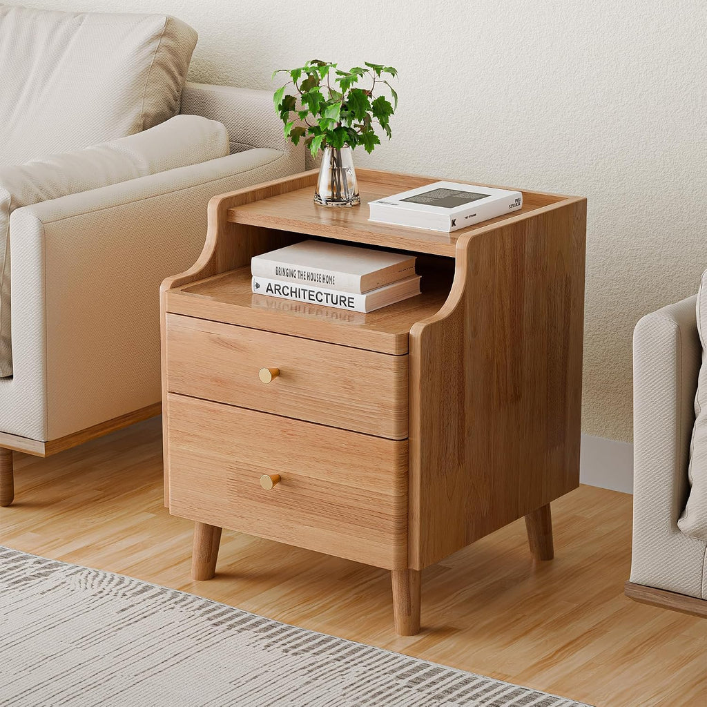 Nightstand with Drawers, Pre-Assembled, 19.7" H Natural Solid Wood Night Stand with Open Sliding Shelf, Mid Century