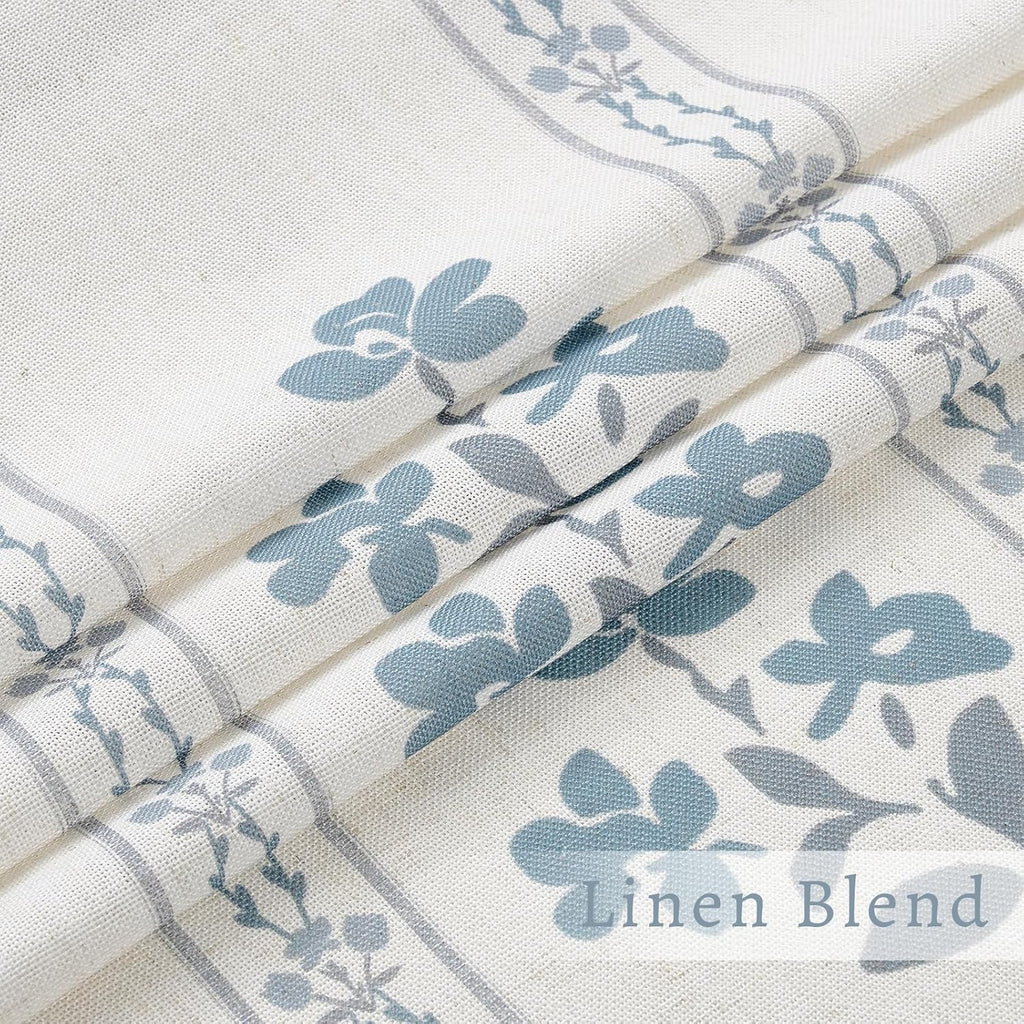 Blue Grey Pinch Pleated Floral Curtains for Living Dining Room Pinch Pleat Light Filtering Linen Semi