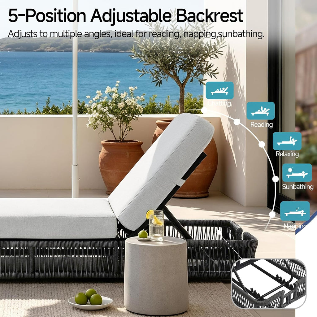 Outdoor Chaise Lounge Chair, Gray Woven Rope Patio Recliner with 5-Position Adjustable Backrest, Pool Sunbathing