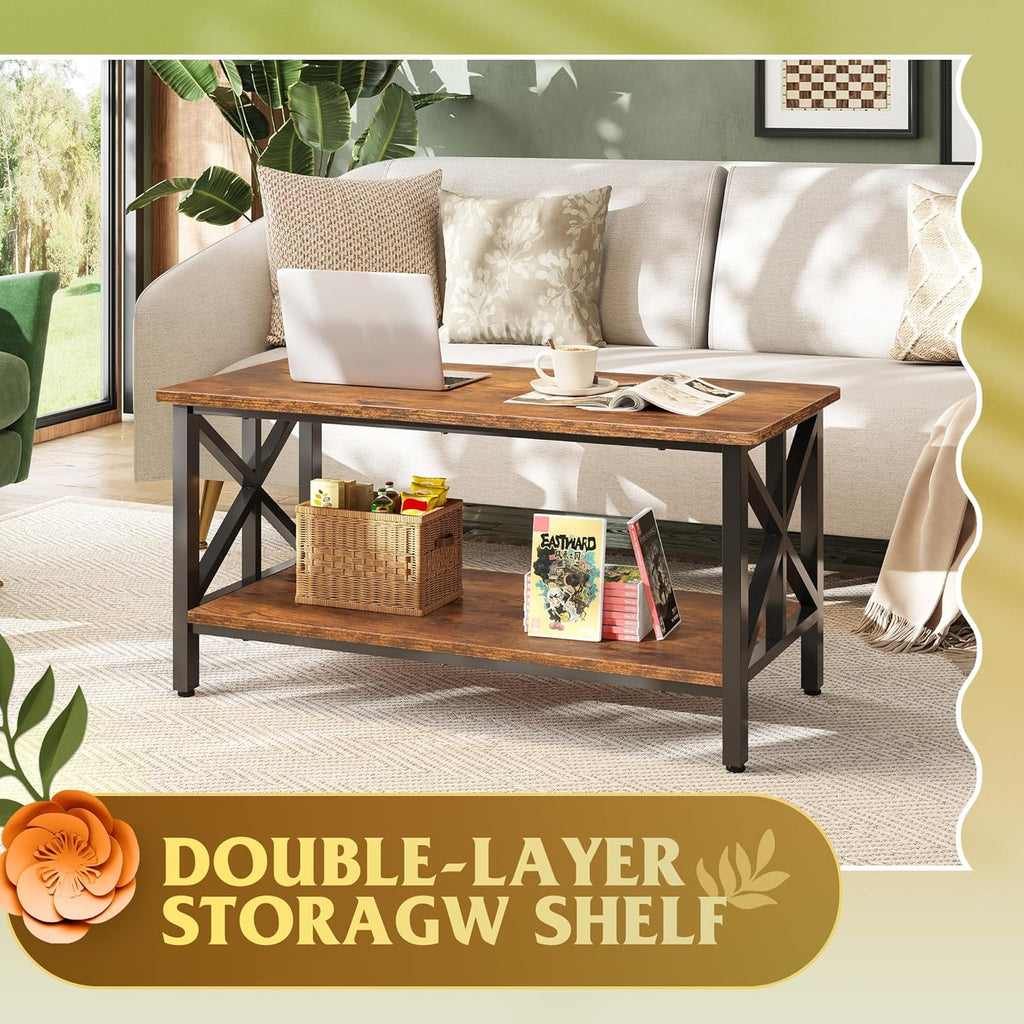 Coffee Table, 39" Modern 2-Tier Center Table with Round Corners, Storage Shelf