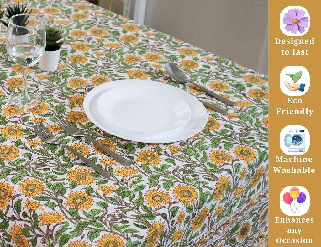 Block Print Table Cloth- 54x108 Inch Rectangle 100% Cotton Handmade Pre-Shrink, Washable for Spring,