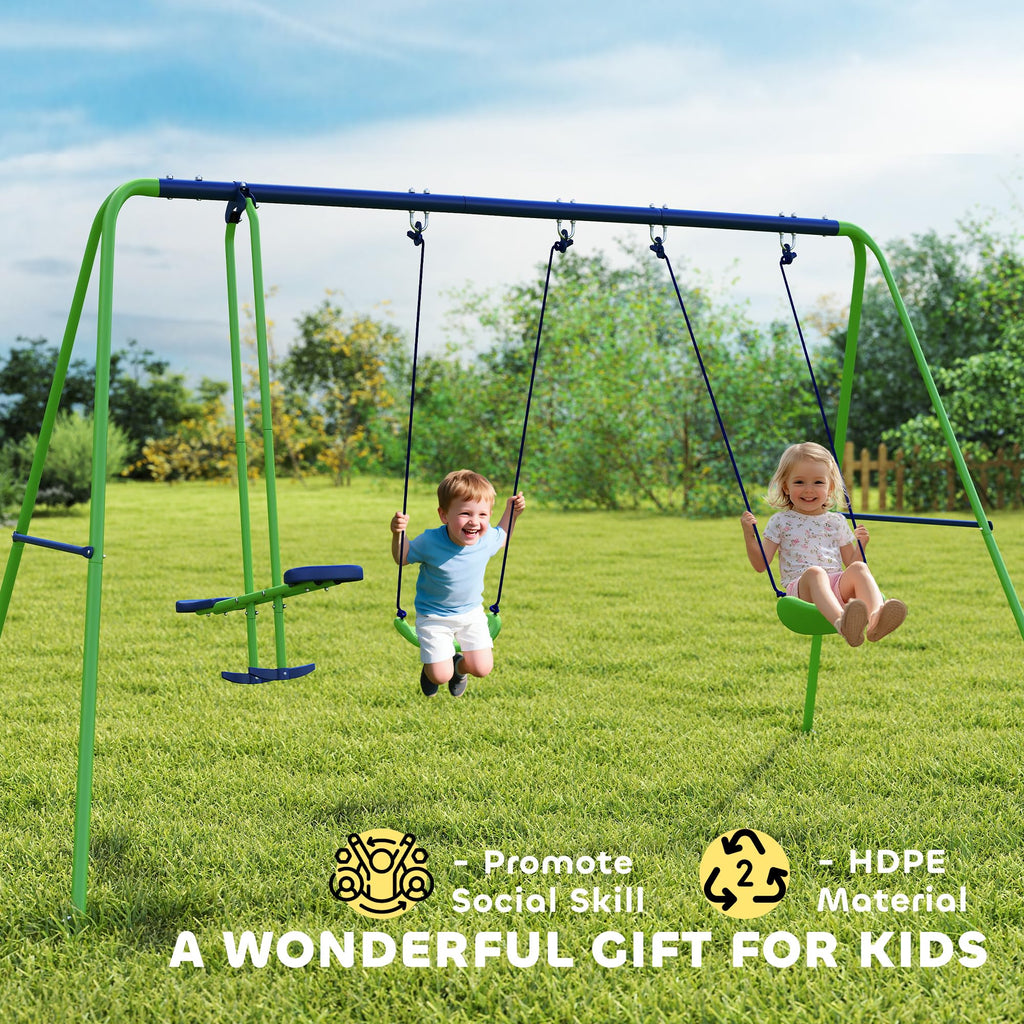 Metal Swing Set with Glider Two S Seats Adjustable Height Green