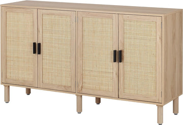 4 Door Sideboard Buffet Cabinet, Kitchen Storage Cabinet with Rattan Decorated Doors, Cupboard Console Table, Boho