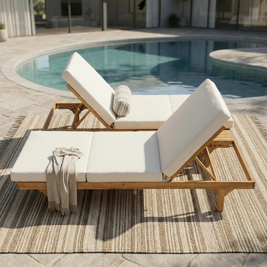 Acacia Wood Chaise Lounge Chair Set of 2, Double/Single Outdoor Sunbathing Pool Lounger with 4'' Triple-Folds