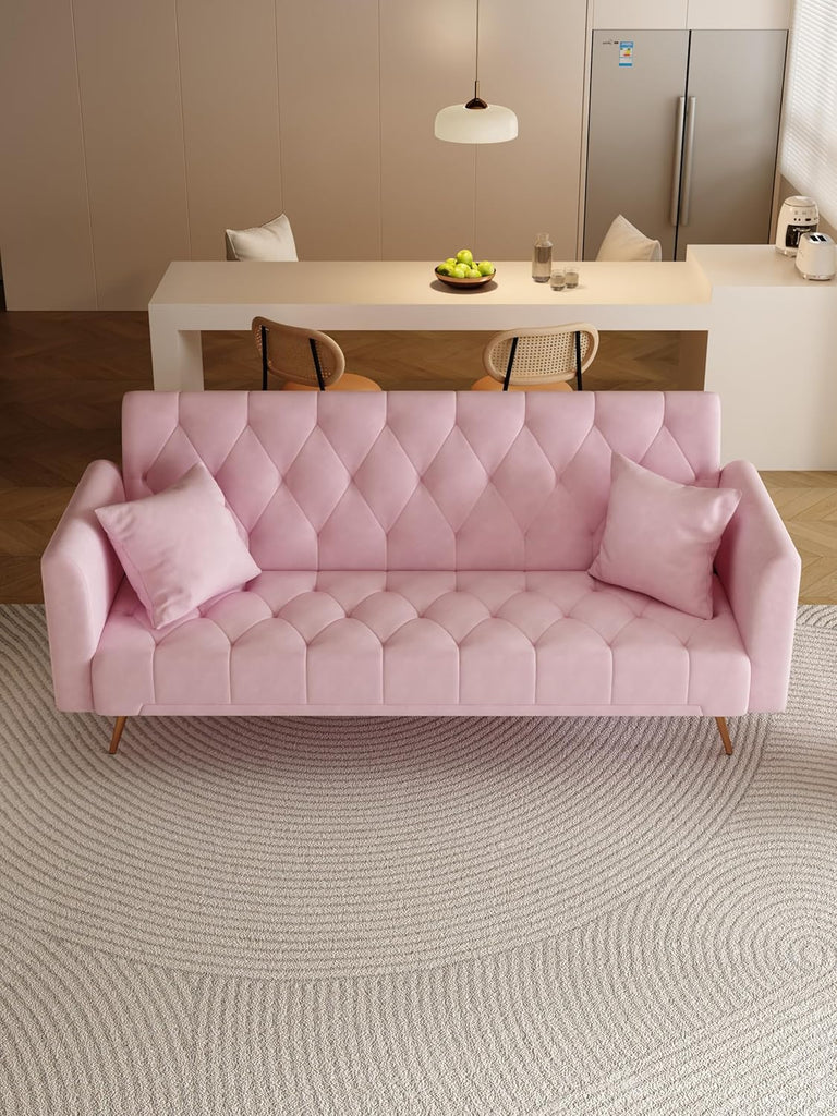 71 INCH Loveseat Sofa with Adjustable Backrest, Upholstered 2 Seater Velvet Couch Bedroom Office Apartment, Pink
