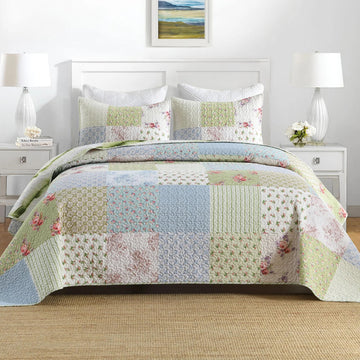 3 Piece Cottage Floral Patchwork Quilt Set - Country Style Quilted Bedspread