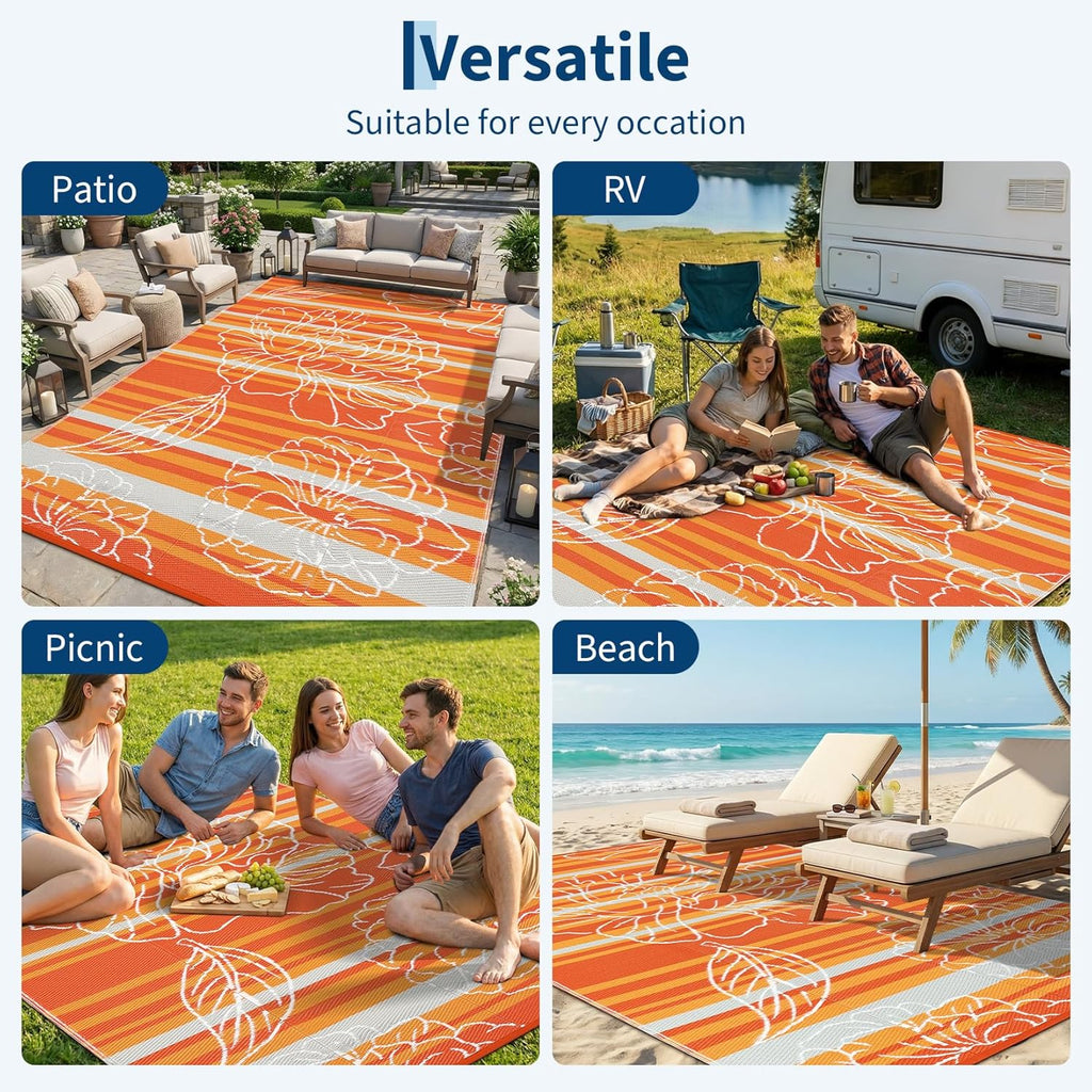 8x10 Outdoor Waterproof Rug, Floral Outdoor Area Rug，Reversible Plastic Straw Patio Rug, Portable Ca