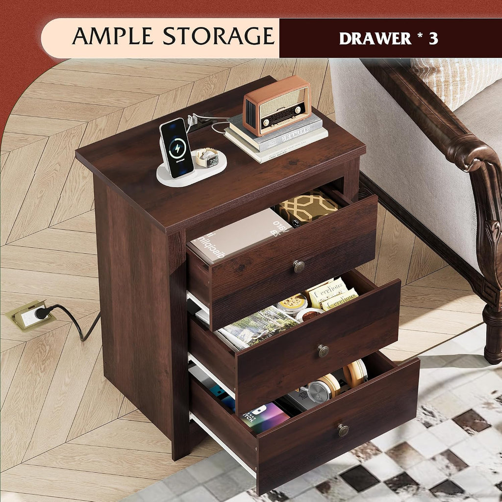 Tall Nightstand with Charging Station, Wood Night Stand with 3 Drawers Storage, Bedside Table End Side Tables with 2