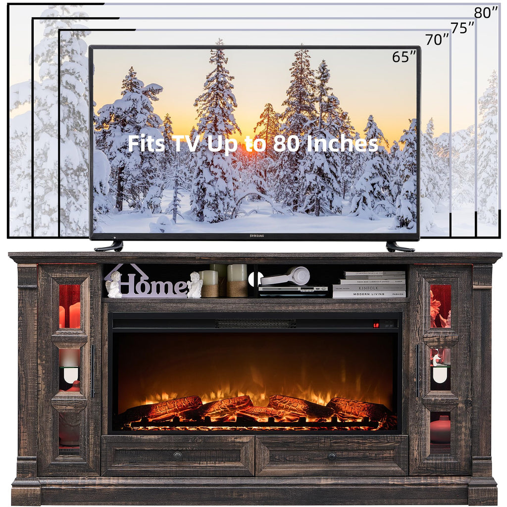 70" Farmhouse TV Stand with 42" Electric Fireplace, Dark Rustic Oak