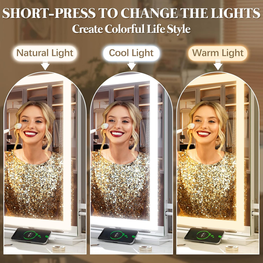 Vanity Mirror with Lights 32"x22", Lighted Makeup Mirror, Large Vanity Mirror, Touch Sensor with 3-Color Lighting, USB