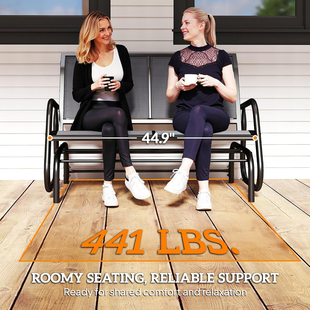 2-Person Outdoor Glider Bench with Steel Frame, Gray | Double Swing Rocking Chair, Loveseat, for Outside Patio