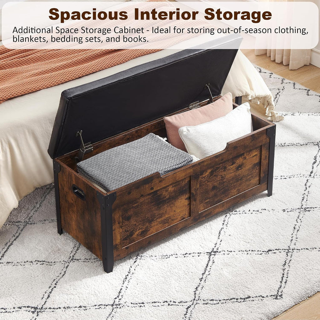 39.4" Storage Bench with 2 Safety Hinges, Rustic Brown | Retro Wooden Storage Chest, Loads 300 lb, Easy Assembly
