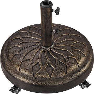 55lbs Heavy Duty Round Umbrella Base with 4 Lockable Rolling Wheels & 2 knobs, Outdoor Antiqued Umbrella Stand