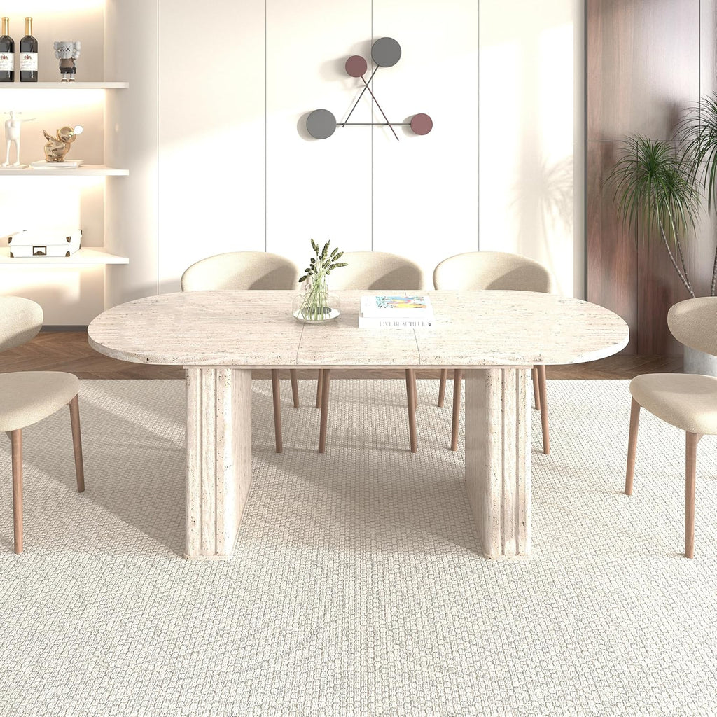 78.74" Extendable Dining Table for 4-8 People,Oval Travertine Inspired Kitchen Table with Wooden Strip Base for