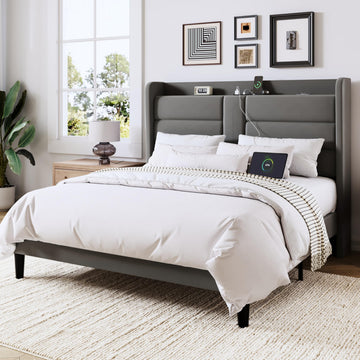 Queen Size Platform Bed Frame with Charging Station & Storage Headboard, Upholstered Velvet Wingback Design & USB