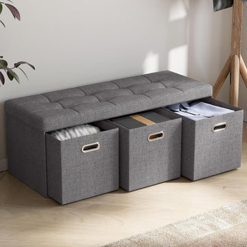 40 Inch Storage Ottoman with 3 Drawers, Tufted Linen, Dark Gray | Foldable Large Bench Design; Foot Rest Stool Seat;