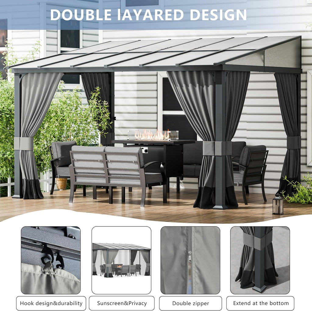 10x12FT Gazebo, Hardtop Wall Mounted Gazebo with Sloping Sun Panel Roof, Awnings with Metal Frame, Double Curtains Sand