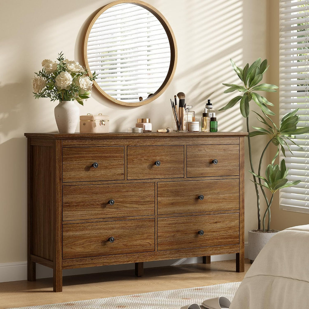 47" Walnut Dresser with 7 Drawer & Metal Handles | Wood Dressers & Chests of Drawers with Wide Drawers for Hallyway