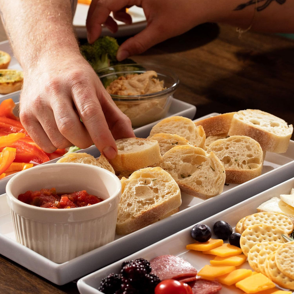 White Ceramic Serving Platters (14 x 6 Inch Rectangle Plates) Serving Dishes for Entertaining, Food, Appetizers