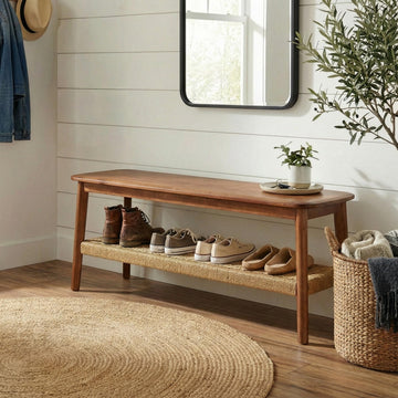 Calais Solid Wood Entryway Bench with Woven Storage Shelf, Chestnut, 48"