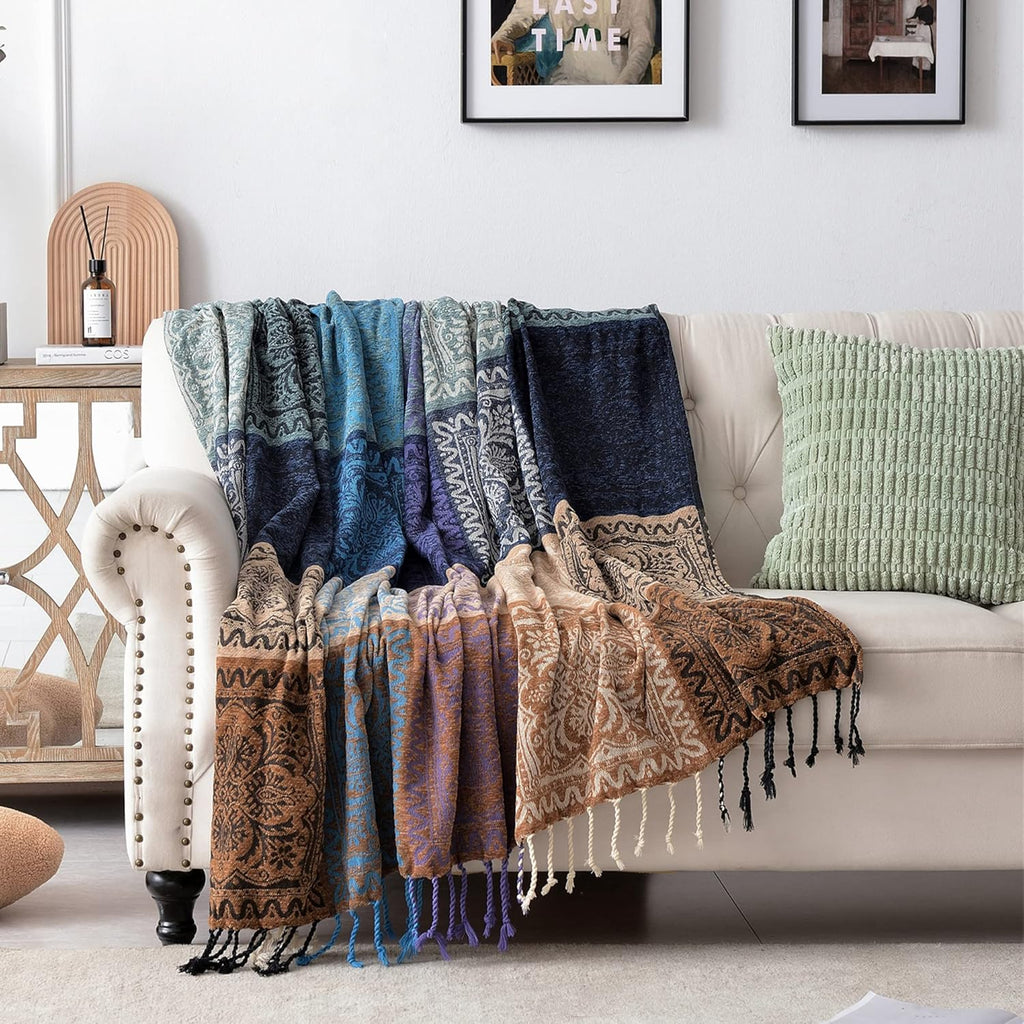 Boho Chair Cover Colorful Chenille Tassels Hippie Throw Blanket, Blanket for Bohemian Living Room Decor Purple(60"*75")