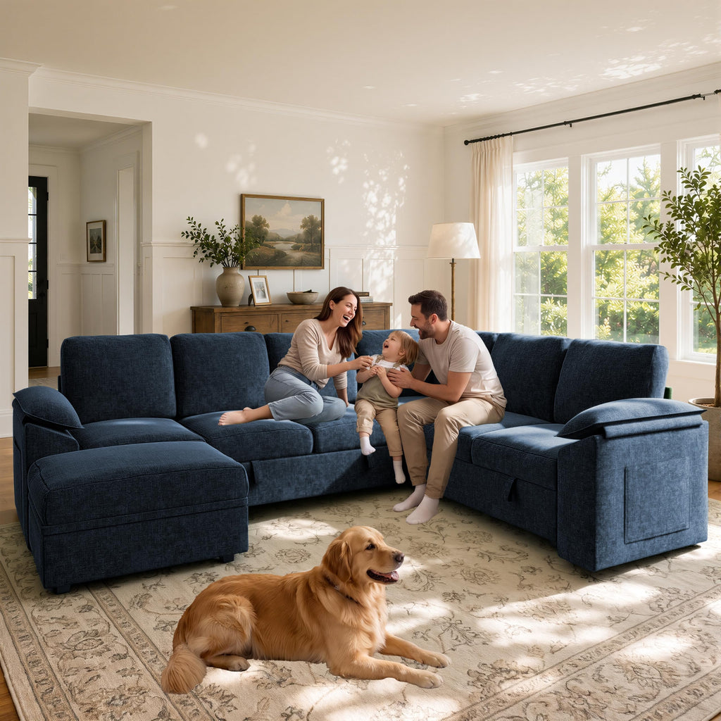108 inch Modular Sectional Sleeper Sofa with Pull Out Bed, Blue