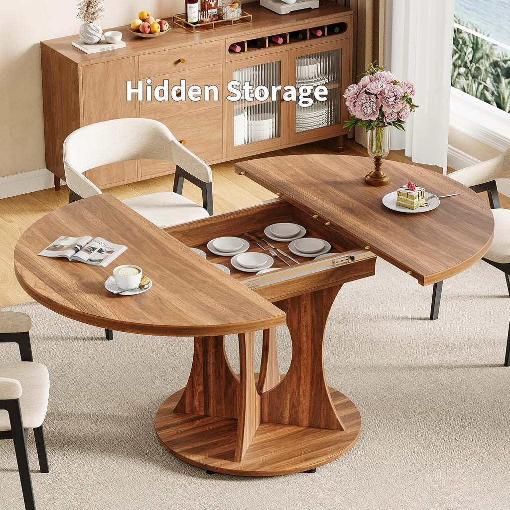 43.3-59 Inch Extendable Round Dining Table for 6-8 People, Oval Dinner Table with Adjustable Top and A Stable Round