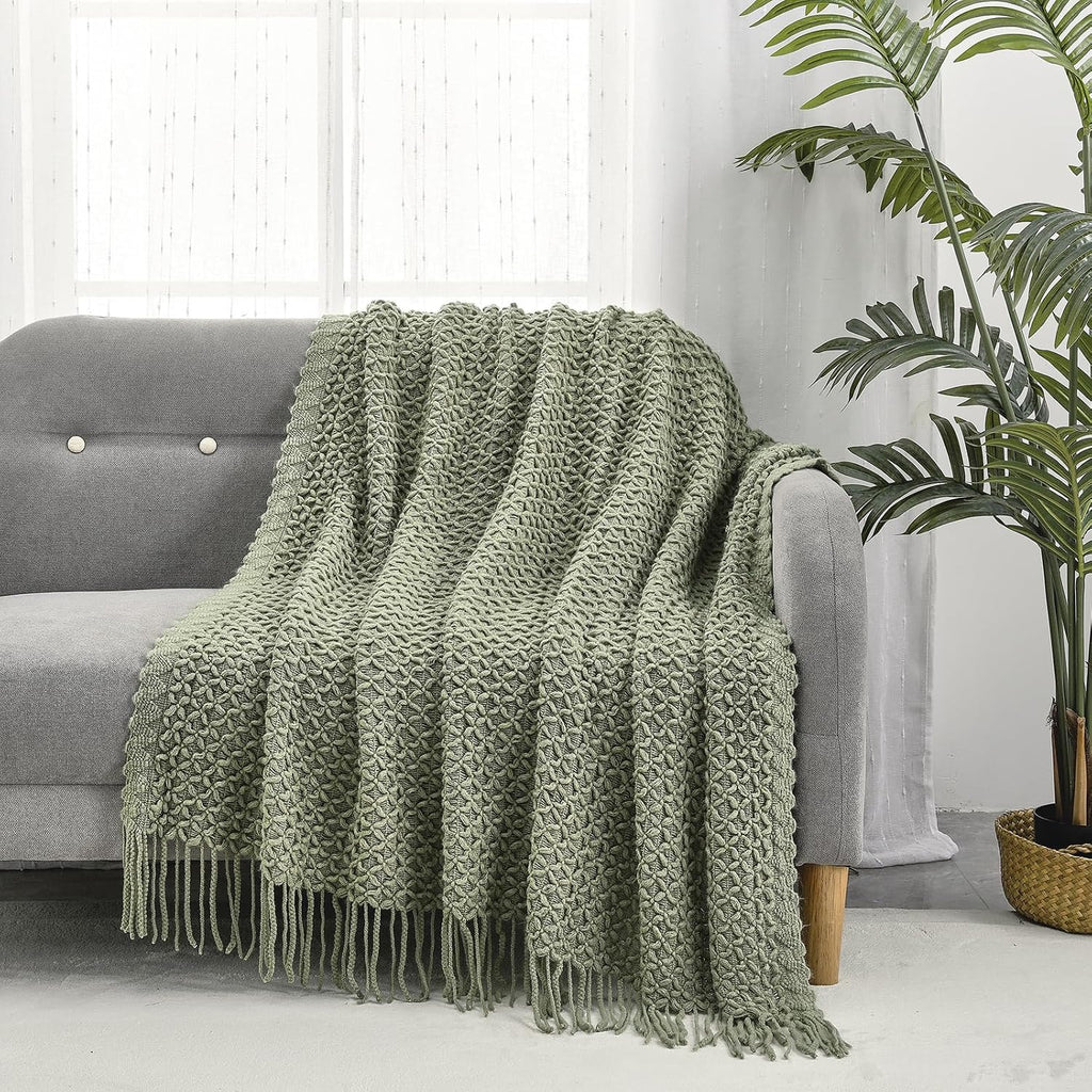 Farmhouse Boho Knitted Throw Blanket, Soft Warm Cozy Light Weight for Spring Summer Fall (50''X60'' Sage Green)