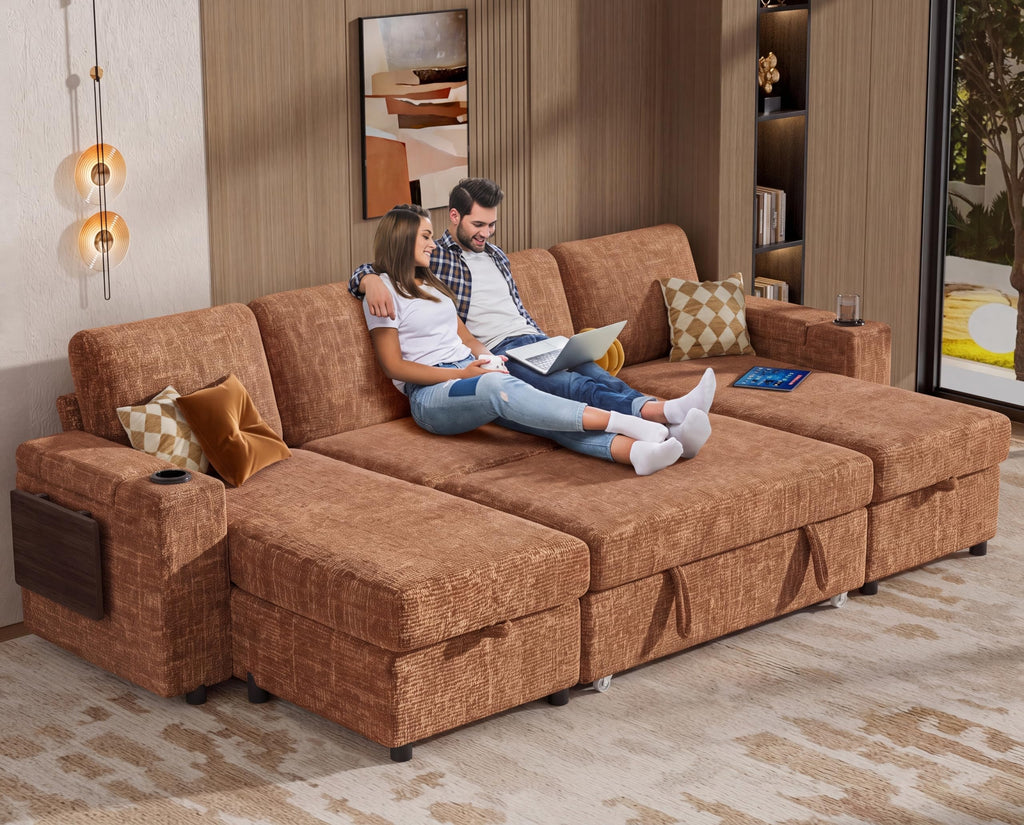 108" Modular Sectional Sleeper Sofa with Pull Out Bed, 4 Seat Chenille U Shaped Couch with USB Ports|Cup Holders|Side