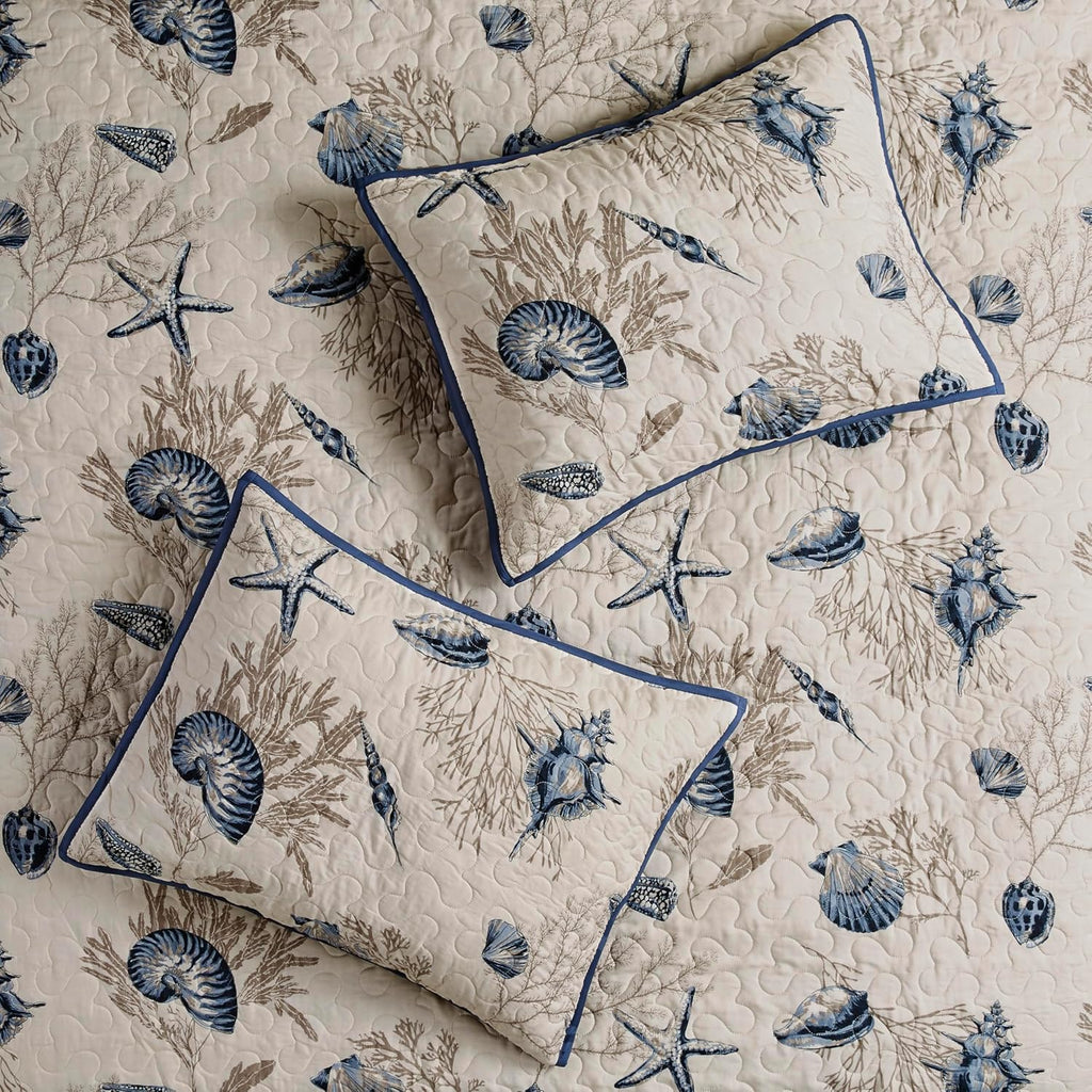 Quilt Set Cottage Coastal Design, Starfish Print - All Season, Coverlet Bedspread Lightweight Bedding Layer, Shams