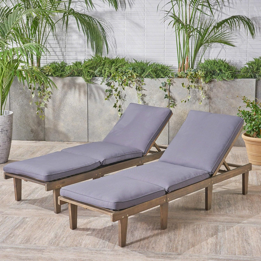Outdoor Acacia Wood Chaise Lounge (Set of 2), Grey Finish/Dark Grey Cushion