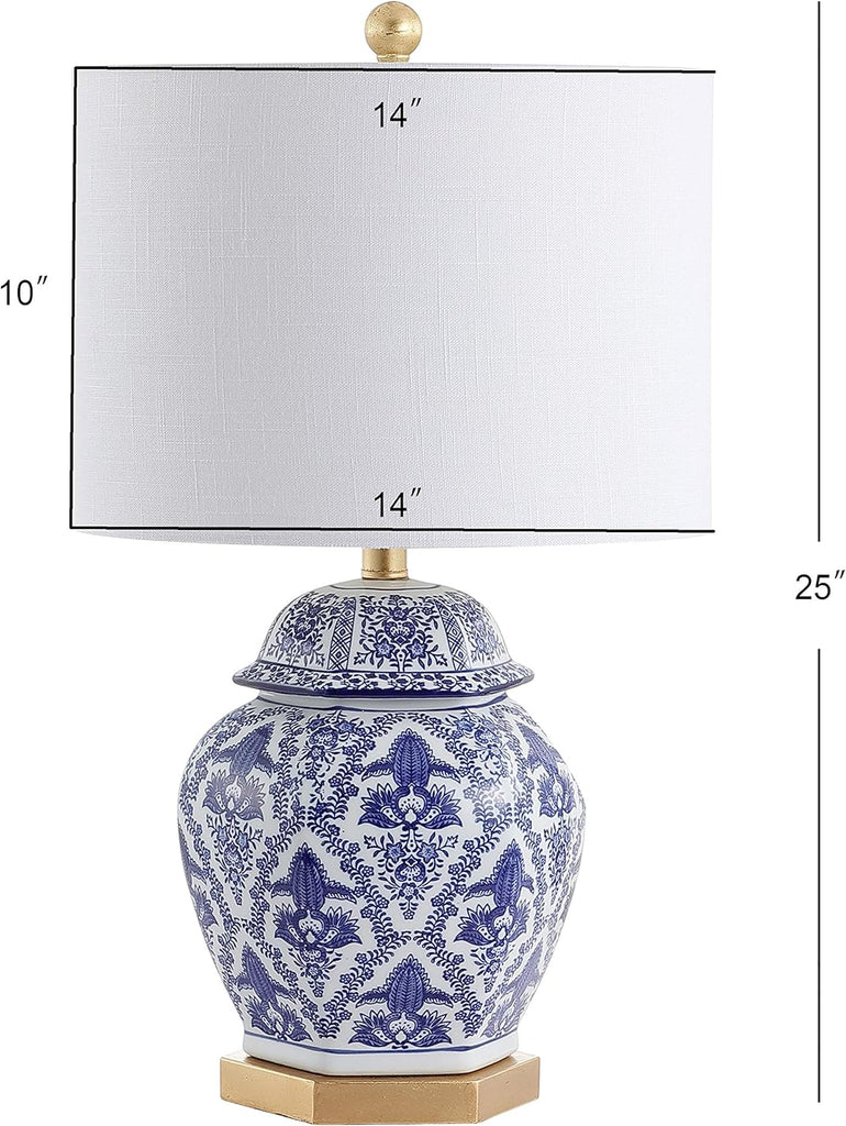 25" Blue/White Classic Traditional Ginger Jar Ceramic LED Table Lamp, Chinoiserie Table Lamp Bedroom, Gold Base