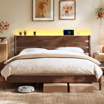 King Bed Frame, Wood Platform Bed with Headboard Storage Shelf