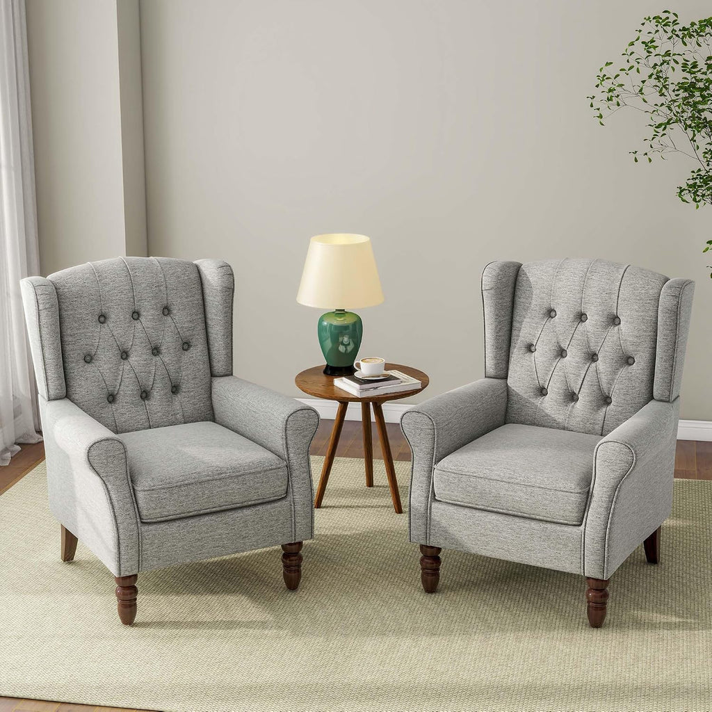 Button Tufted Wingback Accent Chair, Light Grey, Set of 1 | High Back with Side Wings | Armrest Nailhead Trim | Solid