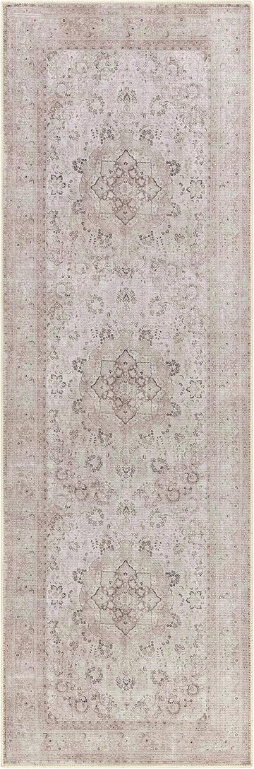 Washable Pink Medallion 10ft Runner Rug Traditional Beige Olive Tan Blush Dark Green Bordered Bethan