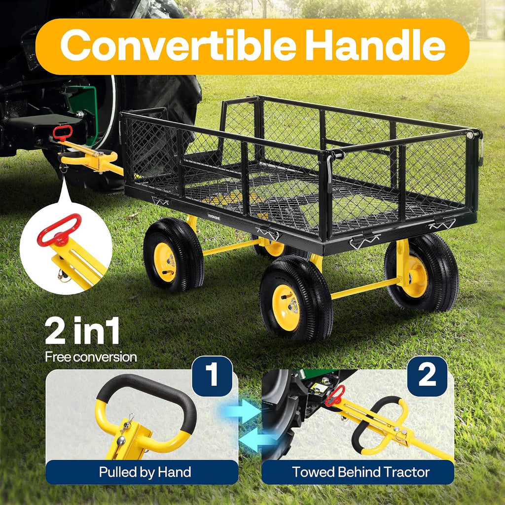 Steel Garden Cart Heavy Duty 900 LBS 4.5 Cu Ft Utility Wagon | Removable Sides, 10 inch Tire and Handle Attach to ATV